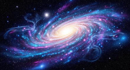 Obraz premium A vibrant spiral galaxy with a central bright nucleus and a swirling pattern of stars and gas clouds in a cosmic backdrop.