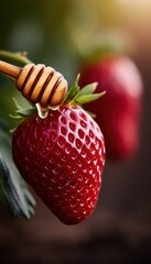 Fresh Red Strawberry with Honey Dripping from Wooden Dipper in Nature Setting