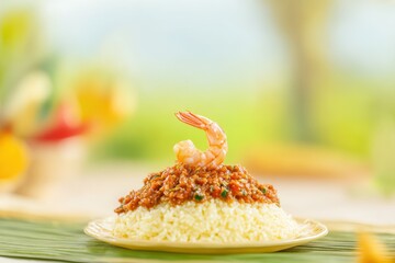 Flavorful Shrimp Dish Served on White Rice with Vibrant Background Ideal for Food Photography