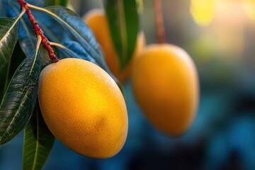 Fresh Ripe Mangoes Hanging on Tree Branch with Green Leaves in Soft Natural Light