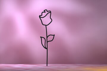 Minimalistic Black Line Drawing of Single Rose on Soft Pink Background