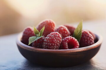 Fresh Ripe Raspberries Decorated with Mint Leaves in a Wooden Bowl on a Soft Background
