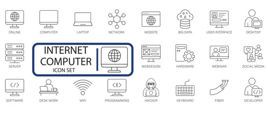 Internet icon set. Containing online, computer, network, website, server, web design, hardware, software, data center, WiFi, hotspot, router and more. Editable line icons. Vector illustration