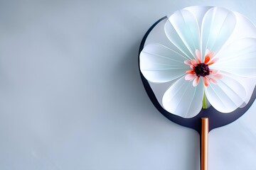 Close-up of an abstract flower decoration on a light gray wall. The flower has white petals and a colorful center, with a dark blue base and a copper stem.