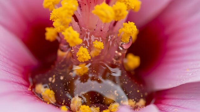 Extreme closeup of pink flower stamen with yellow pollen and nectar