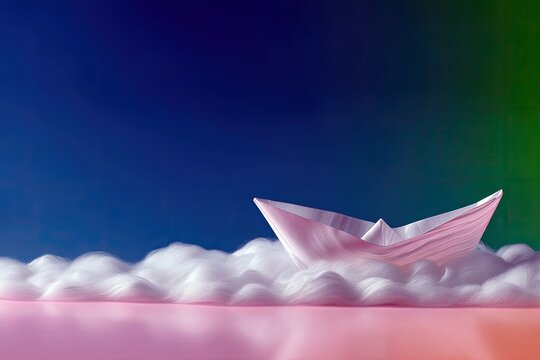 A paper boat floats on a sea of clouds, set against a gradient background, creating a dreamy and imaginative scene.