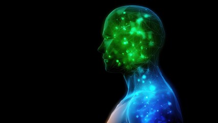 Abstract representation of human silhouette with colorful data visualization and light effects