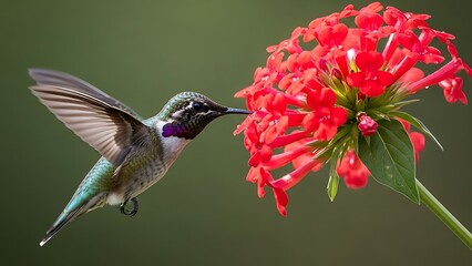 Fototapeta premium Hummingbird drinking nectar from red flowers