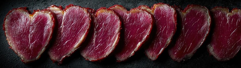 Heart-Shaped Slices of Tender Beef on Dark Surface for Gourmet Food Presentation