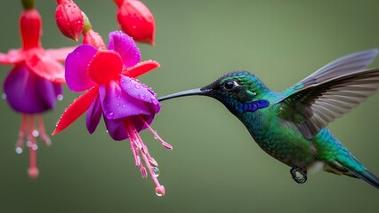 Fototapeta premium Hummingbird feeding on a fuchsia flower