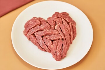 Heart-Shaped Arrangement of Raw Meat on White Plate Against a Soft Color Background