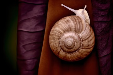 Close-Up of a Snail Shell on a Dark Background with Abstract Texture Elements