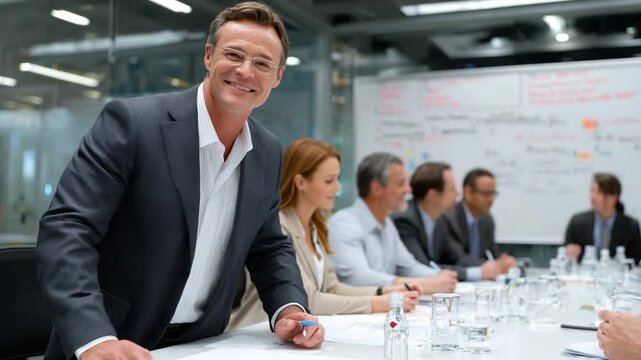 Corporate Meeting: A confident executive oversees a professional corporate meeting, capturing a dynamic scene of collaboration and leadership within a modern business setting.