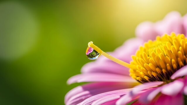 Macro photo of a water droplet on a flowers stamen reflecting pink petals and green foliage