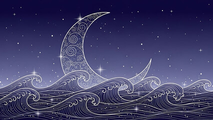 Dreamy night seascape with swirling crescent moons and starry sky above the ocean waves