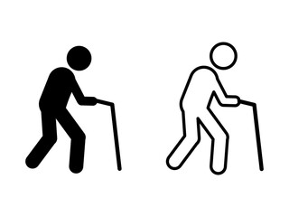 Icon of a person walking with a cane, symbol of old age.
