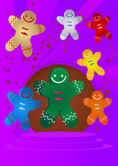 Mockup product display with Gingerbread Man Christmas Cookie. Vector cylinder pedestal podium. Stage showcase for presentation. Minimal geometric forms.