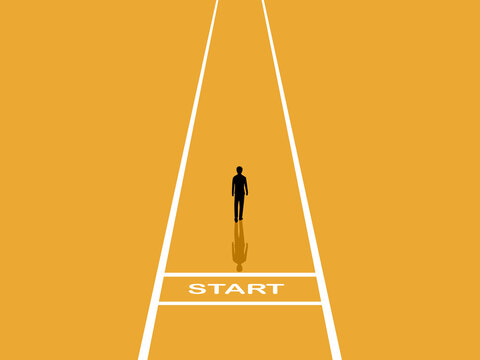 businessman walking away from the starting point