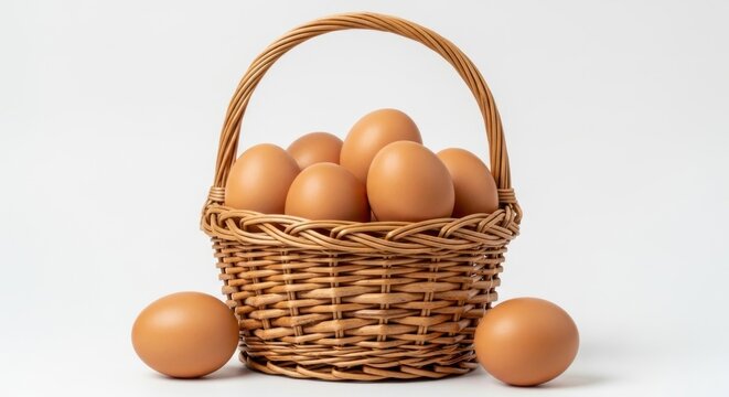 A wicker basket filled with brown eggs on a white background. - Powered by Adobe