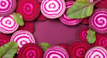 Sliced beetroot on a dark purple background with green leaves.