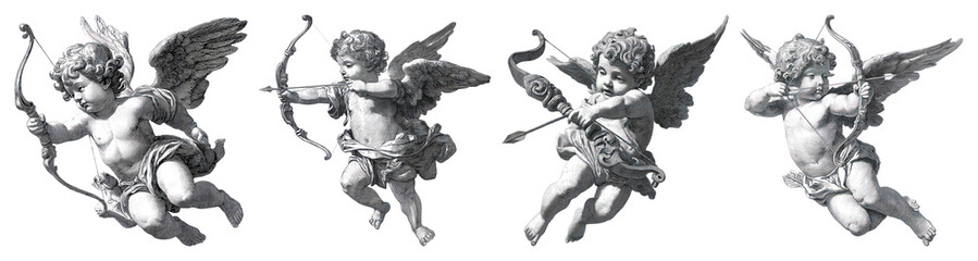 PNG Vintage cherubs with bows, element set on transparent background