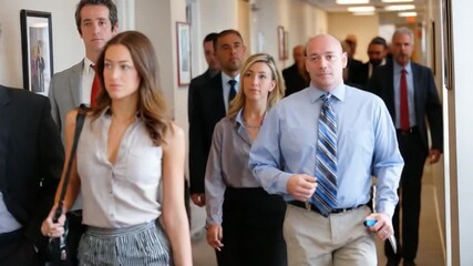 Business Team in a Hallway: A determined business team strides confidently down a bright hallway, exuding professionalism and purpose. Capturing a sense of unity and shared direction.