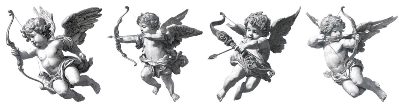 PNG Vintage cherubs with bows, element set on transparent background
