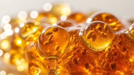 Macro shot of ambercolored liquid with suspended particles and bokeh lights