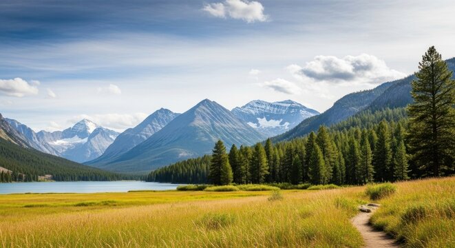 A serene mountain landscape with a path leading to a lake, featuring a lush green meadow and towering mountains in the background.