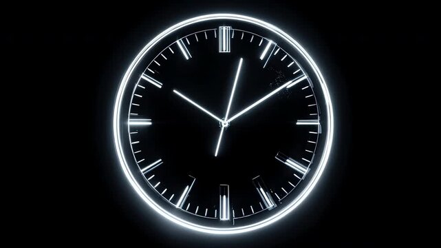 Glowing white neon analog clock ticking on black background, futuristic timer animation