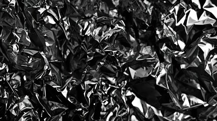 Reflective, crumpled metallic surface showcases dynamic light interaction creating complex patterns with shadows, evoking a sense of abstract texture and artistic intrigue, highlighting a...
