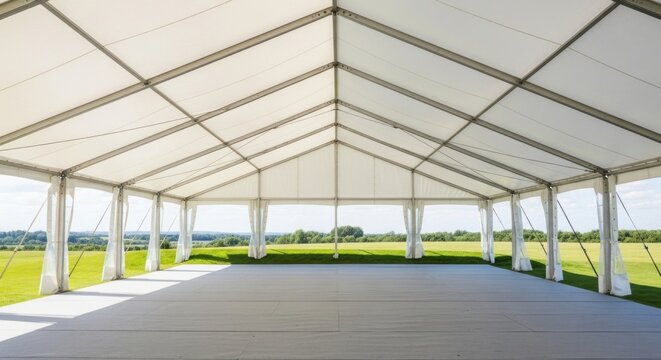 A large white tent with a wooden floor and white curtains.