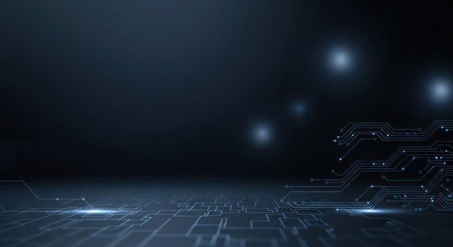 A dark blue and black abstract digital circuit board with glowing blue lights and a grid pattern.