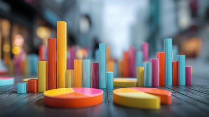 Colorful Data Visualization: A vibrant display of data, using colorful bar graphs and pie charts, arranged on a wooden surface, with a blurred cityscape background. - Powered by Adobe