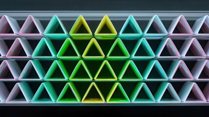 Abstract image of multiple colorful triangle shapes arranged in a grid pattern with gradient lighting.