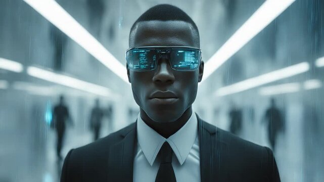 Visionary in Tech: A focused man with cutting-edge tech glasses, embodying the future in a technological corridor, stares intensely forward.