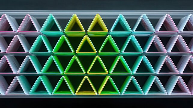 Abstract image of multiple colorful triangle shapes arranged in a grid pattern with gradient lighting.