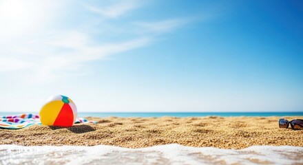 Obraz premium A colorful beach ball on a sandy beach with a blue sky and ocean in the background.