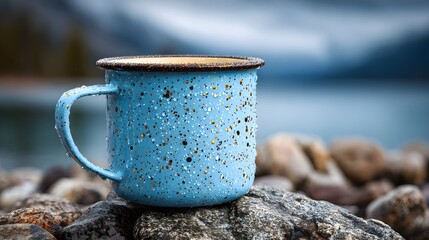 Enjoy a rustic outdoor adventure with a steaming cup of coffee in a speckled blue enamel mug by the lake, evoking feelings of warmth and relaxation