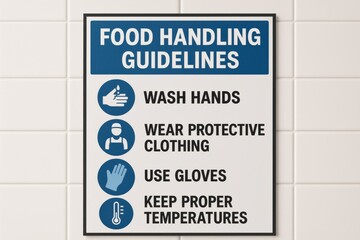 Food handling guidelines displayed in a commercial kitchen emphasizing hygiene and safety protocols. Concept of food safety, health regulations, and proper food service practices.
