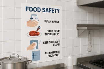 Food safety poster in a modern kitchen, providing guidelines for hygiene and food handling. Emphasizes cleanliness, health practices, and culinary safety awareness.
