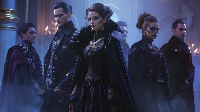 Gothic Ensemble: A captivating group of individuals clad in elegant, dark attire, gathering in a dimly lit, historic interior, evoking a sense of mystery and intrigue.