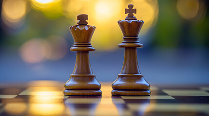 A chess board with a black king and a white queen on a checkered surface, with other pieces scattered around.