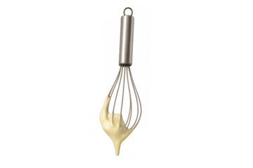Whisk holding cream, a cooking utensil for baking and mixing batter, isolated on transparent background