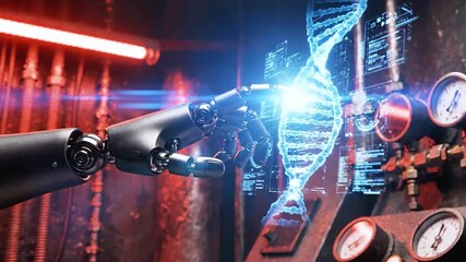 A robotic arm touches a glowing DNA strand, gauges in the background, suggesting scientific exploration - Powered by Adobe