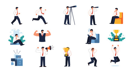 A collection of flat vector illustrations depicting a businessman in various dynamic poses representing success, challenges, and career growth.