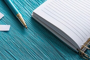Close-up of a teal pen and open notebook with lined pages on a textured teal wooden surface. Blank paper and gold spiral binding.