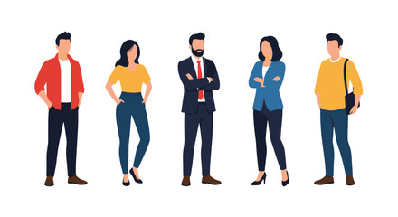 Obraz premium A diverse group of five young professionals standing together, representing a modern business team with a mix of corporate and casual attire.