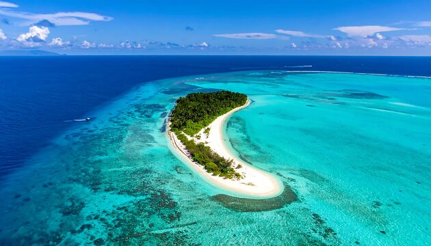 Aerial view of a lush, tropical island with turquoise waters and white sand beaches under a bright blue sky - Powered by Adobe