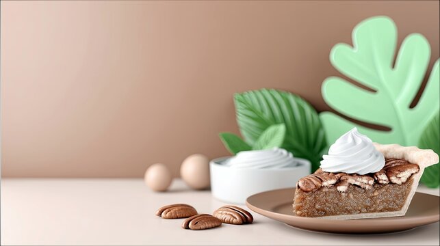 A slice of pecan pie with whipped cream on a plate, with other ingredients and decorative leaves, in a studio setting.